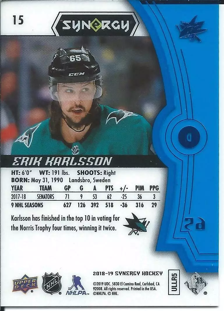 2018-19 Synergy Blue #15 Erik Karlsson 1