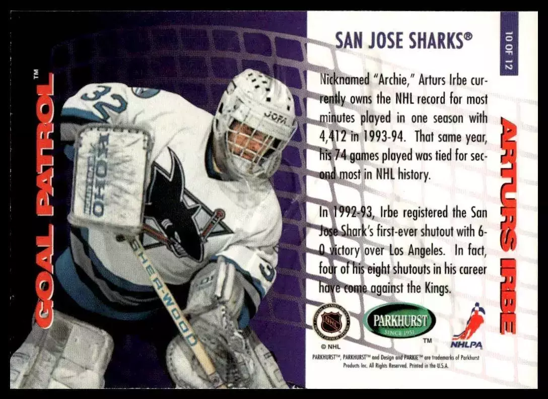 1995-96 Parkhurst International Goal Patrol #10 Arturs Irbe 1