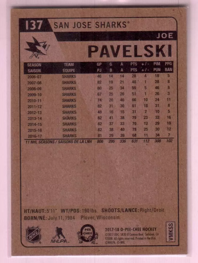 2017-18 O-Pee-Chee Retro #137 Joe Pavelski 1