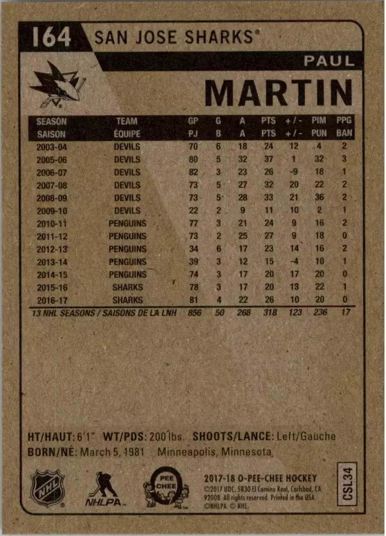 2017-18 O-Pee-Chee Retro #164 Paul Martin 1