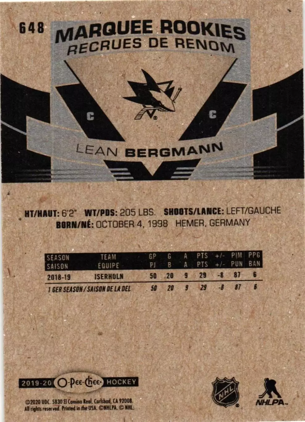 2019-20 O-Pee-Chee #648 Lean Bergmann RC 1