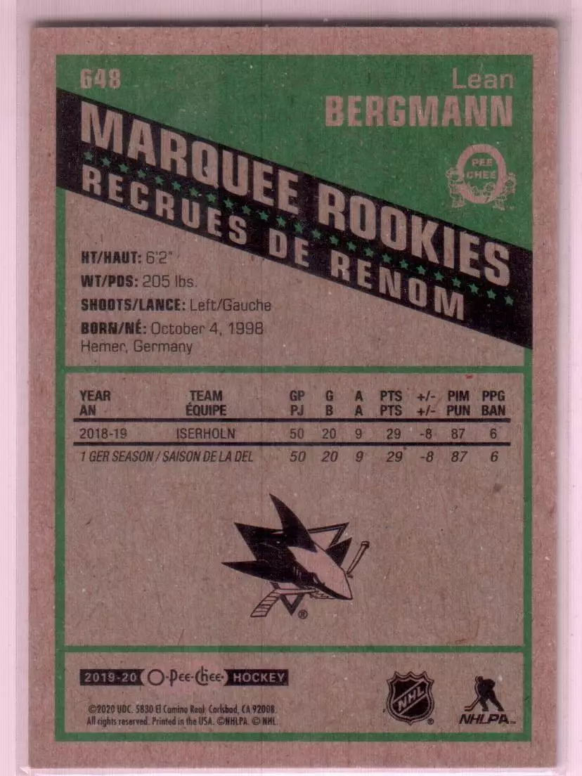 2019-20 O-Pee-Chee Retro #648 Lean Bergmann 1