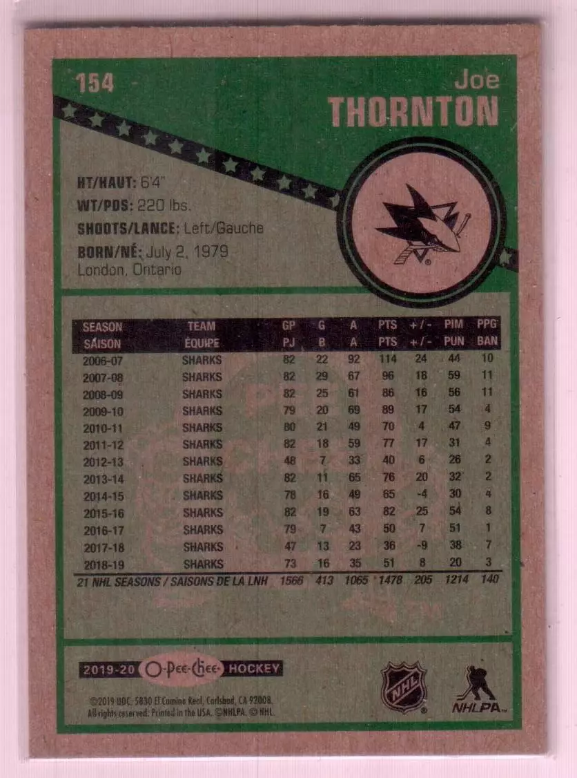 2019-20 O-Pee-Chee Retro #154 Joe Thornton 1