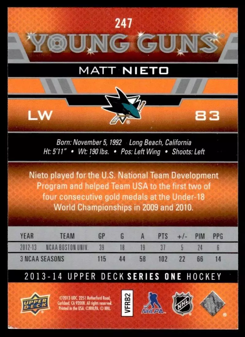 2013-14 Upper Deck #247 Matt Nieto YG RC 1