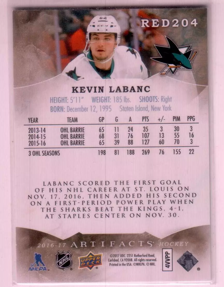 2016-17 Artifacts #204 Kevin Labanc RC 339\799 1