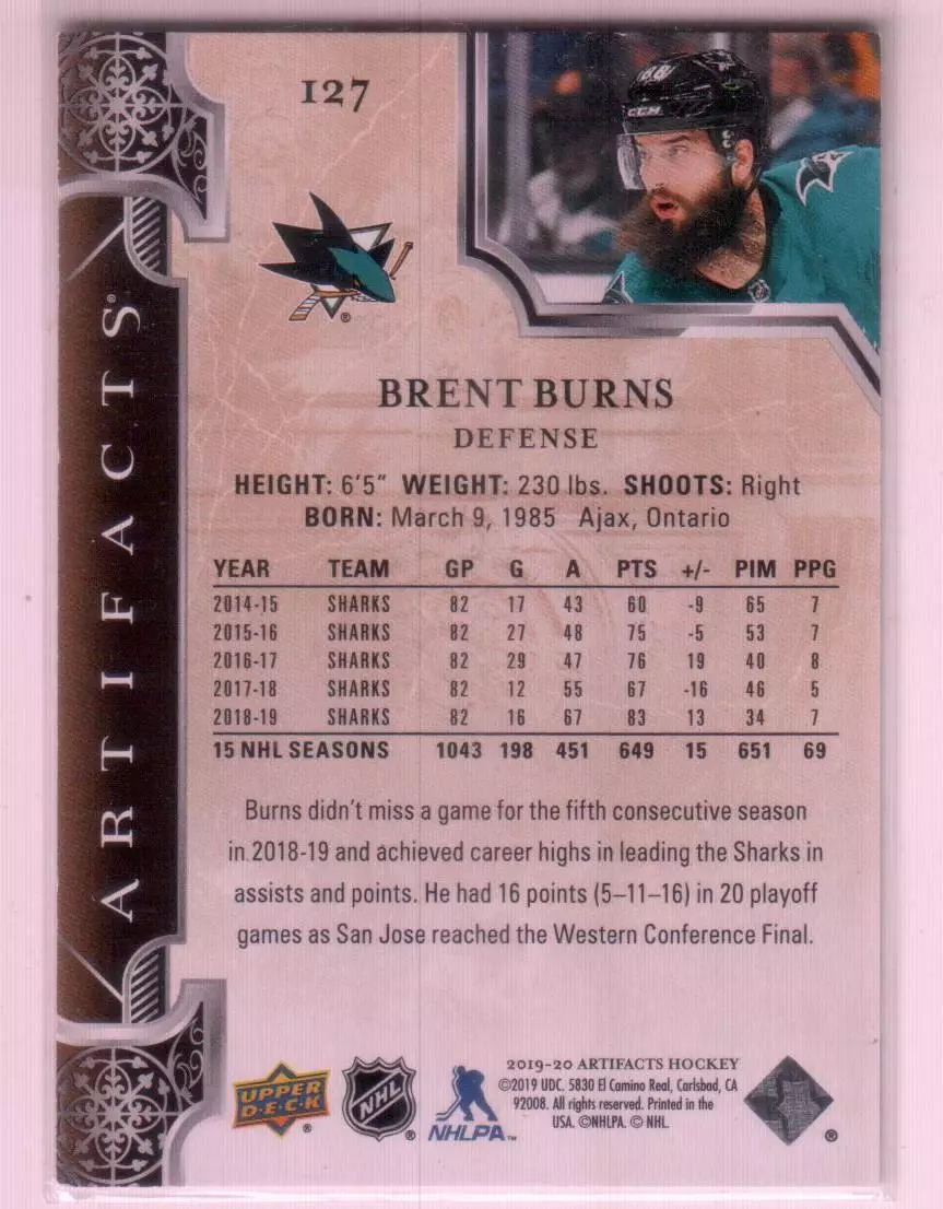 2019-20 Artifacts Copper #127 Brent Burns S 141\299 1