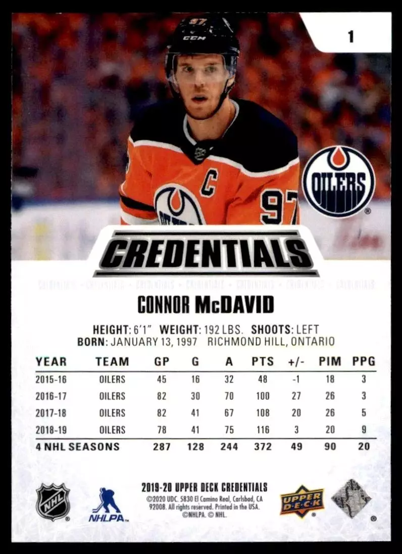 2019-20 Upper Deck Credentials #1 Connor McDavid 1