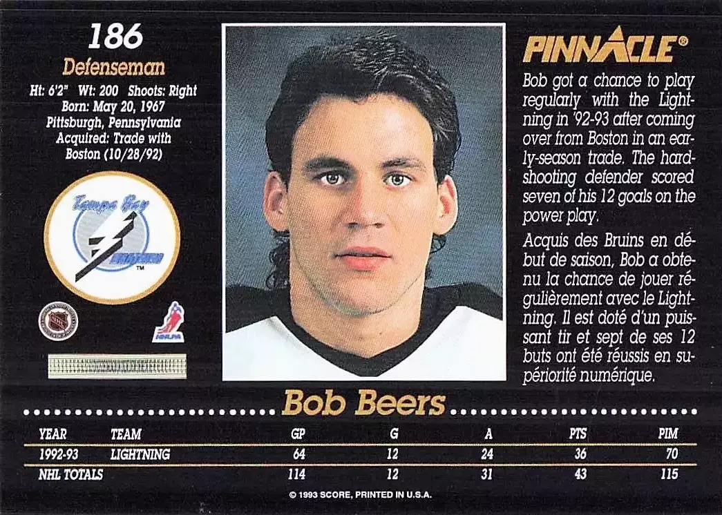 1993-94 Pinnacle #186 Bob Beers 1