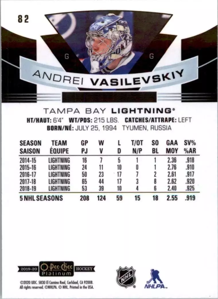 2019-20 O-Pee-Chee Platinum #82 Andrei Vasilevskiy 1