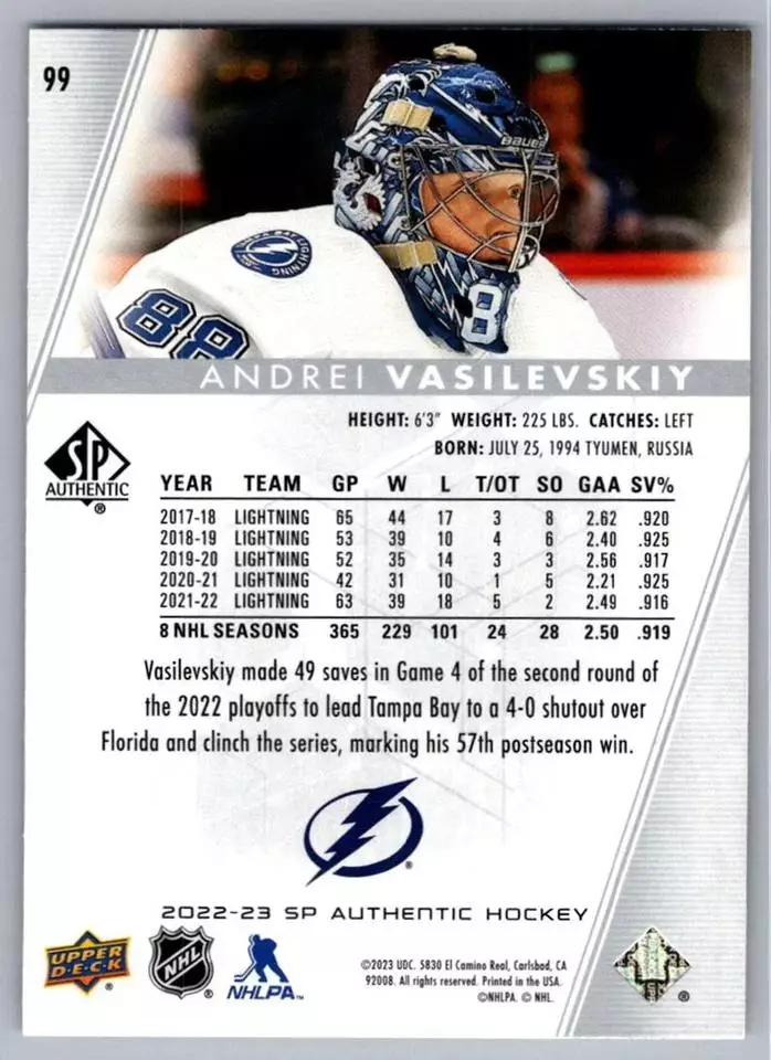 2022-23 SP Authentic #99 Andrei Vasilevskiy 1