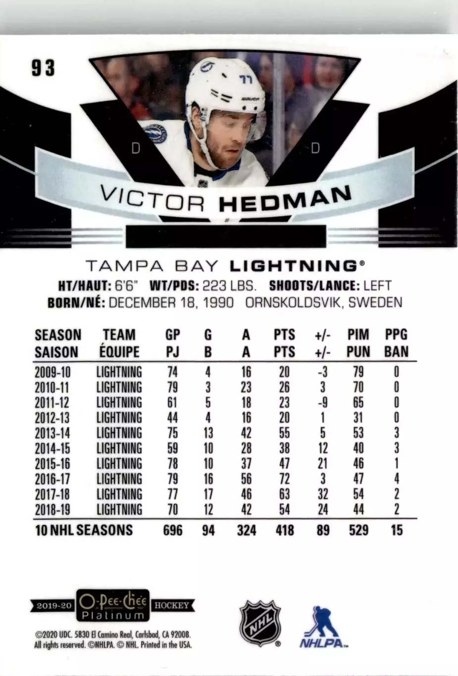 2019-20 O-Pee-Chee Platinum #93 Victor Hedman 1