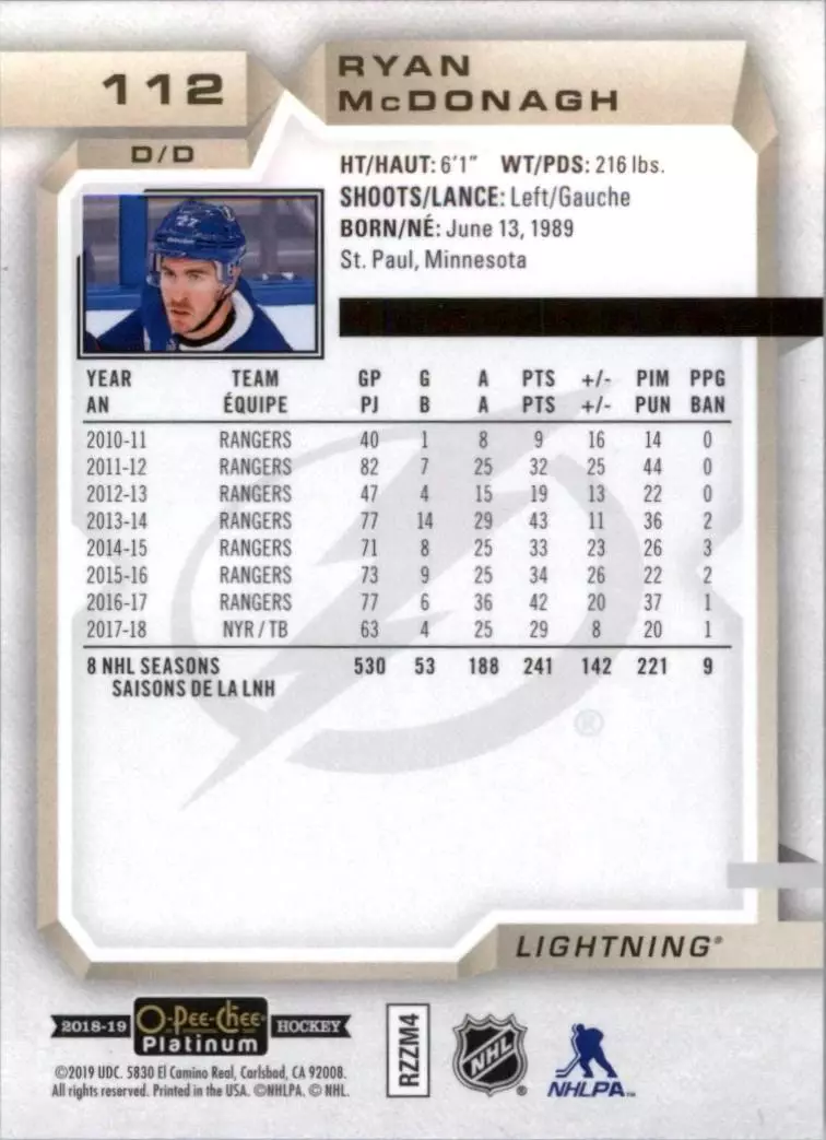 2018-19 O-Pee-Chee Platinum #112 Ryan McDonagh 1