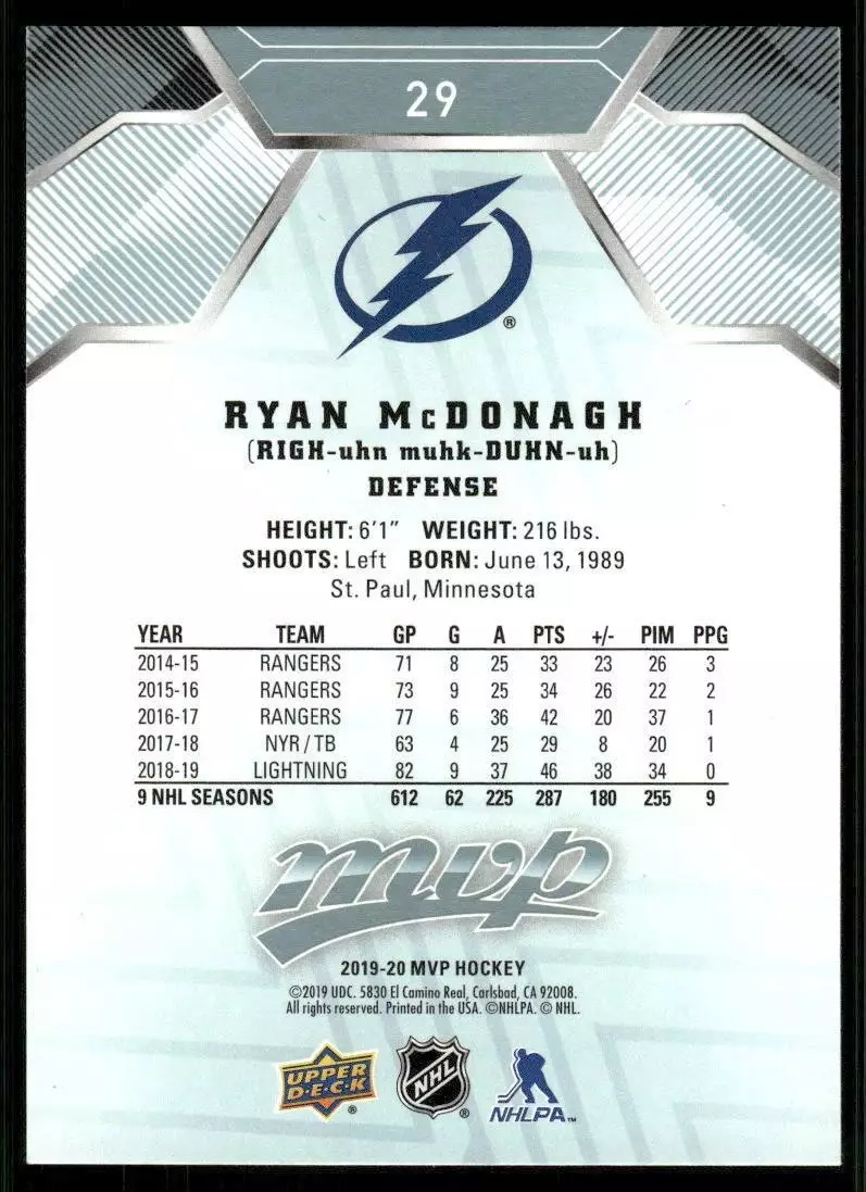 2019-20 Upper Deck MVP #29 Ryan McDonagh 1