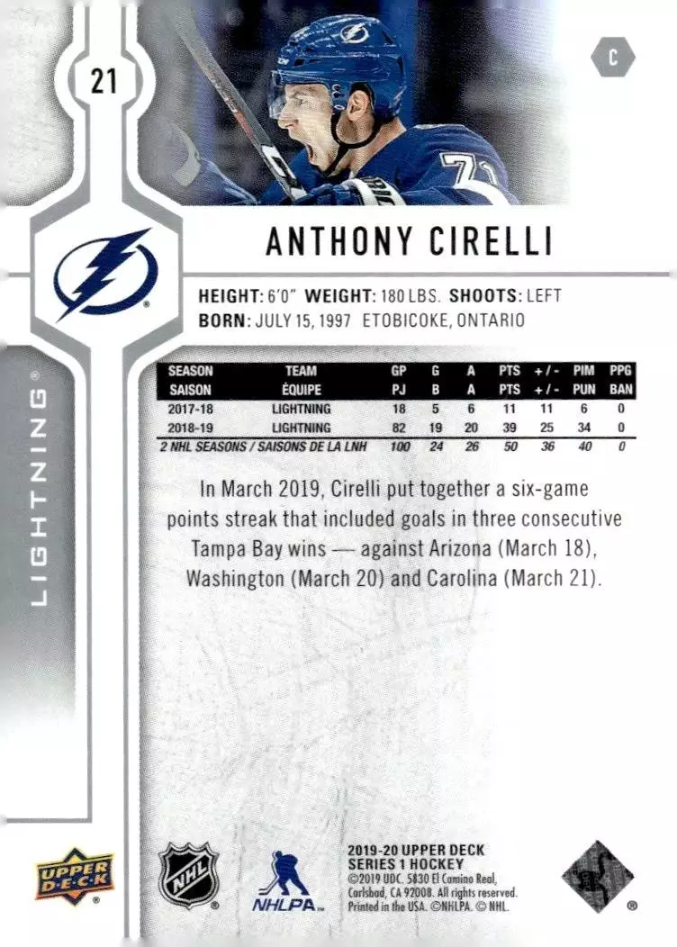 2019-20 Upper Deck #21 Anthony Cirelli 1