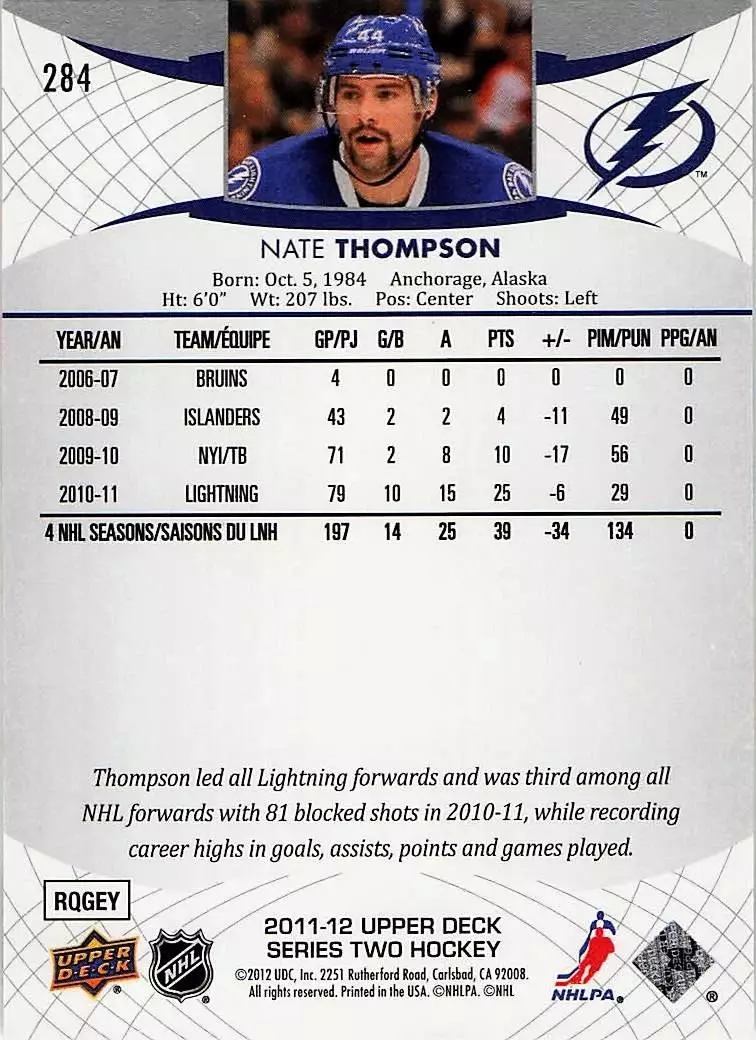 2011-12 Upper Deck #284 Nate Thompson 1