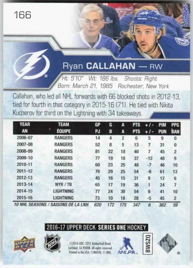2016-17 Upper Deck #166 Ryan Callahan 1