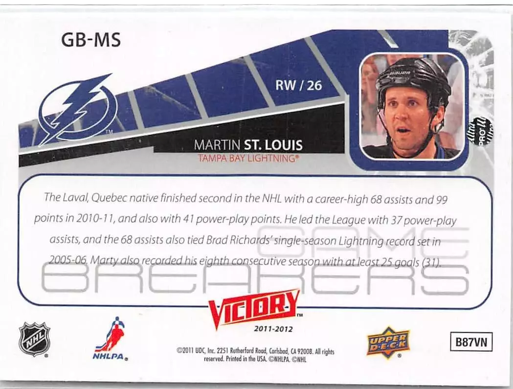 2011-12 Upper Deck Victory Game Breakers #GBMS Martin St. Louis 1