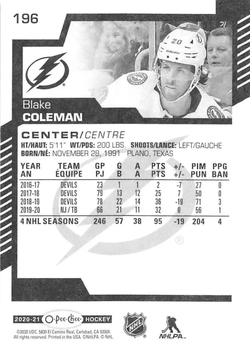 2020-21 O-Pee-Chee #196 Blake Coleman 1