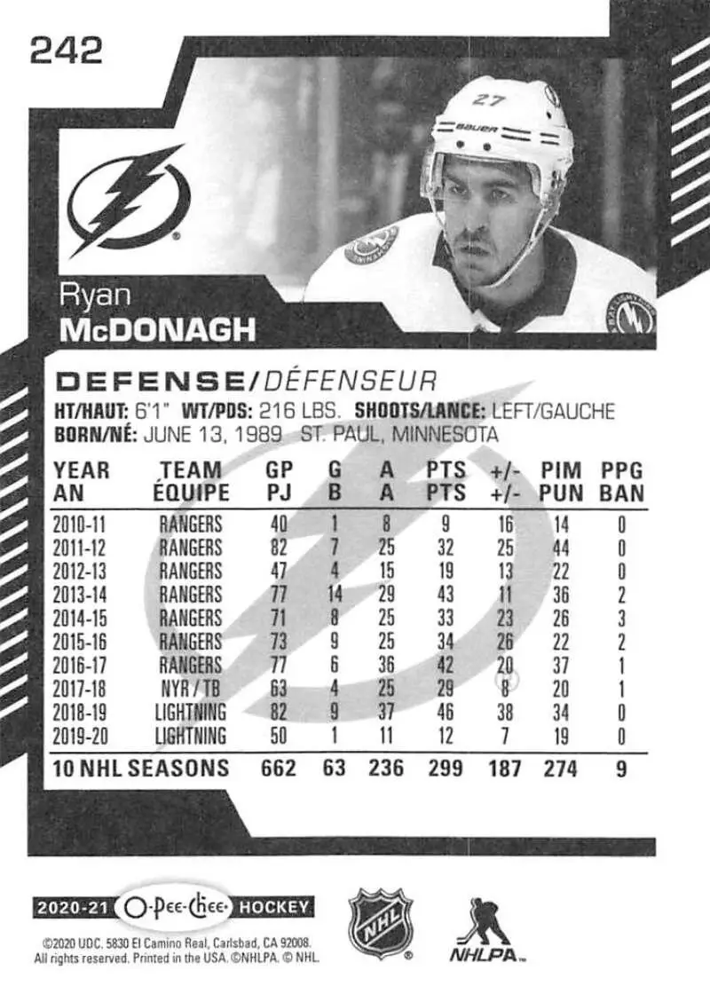 2020-21 O-Pee-Chee #242 Ryan McDonagh 1