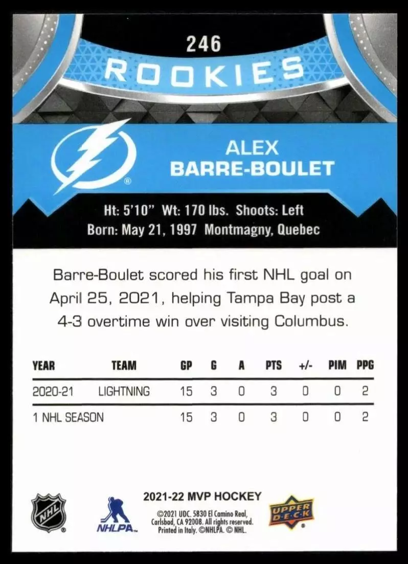 2021-22 Upper Deck MVP #246 Alex Barre-Boulet SP RC 1