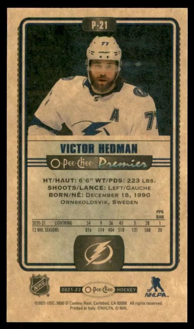 2021-22 O-Pee-Chee OPC Premier Tallboys #P21 Victor Hedman 1