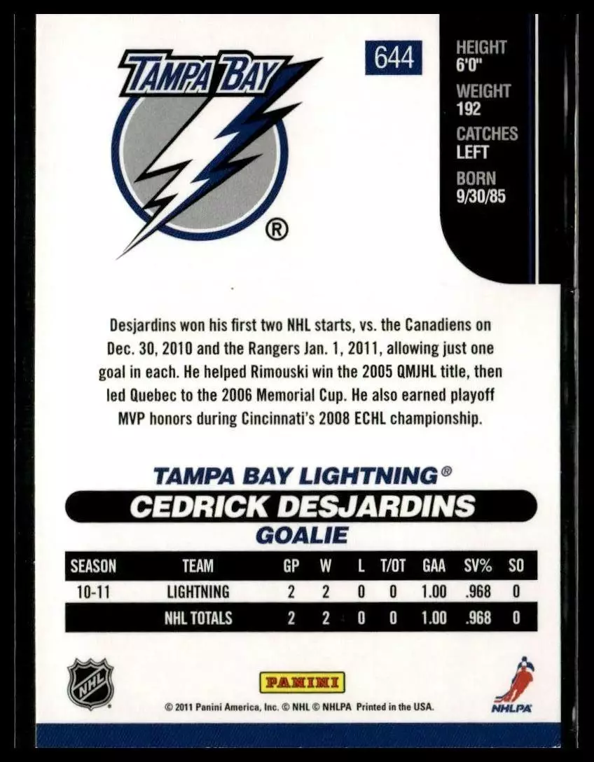 2010-11 Score #644 Cedrick Desjardins RC 1