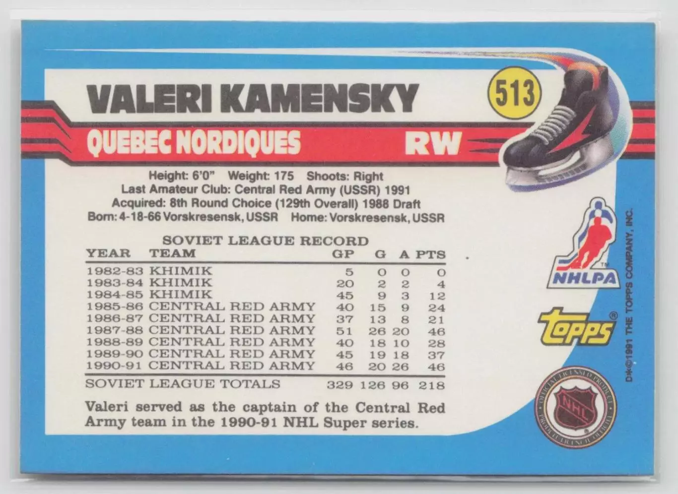 1991-92 Topps #513 Valeri Kamensky RC 1