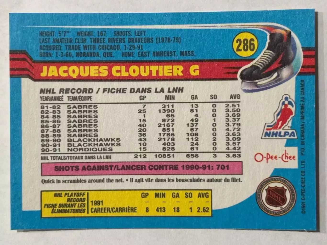 1991-92 O-Pee-Chee #286 Jacques Cloutier 1
