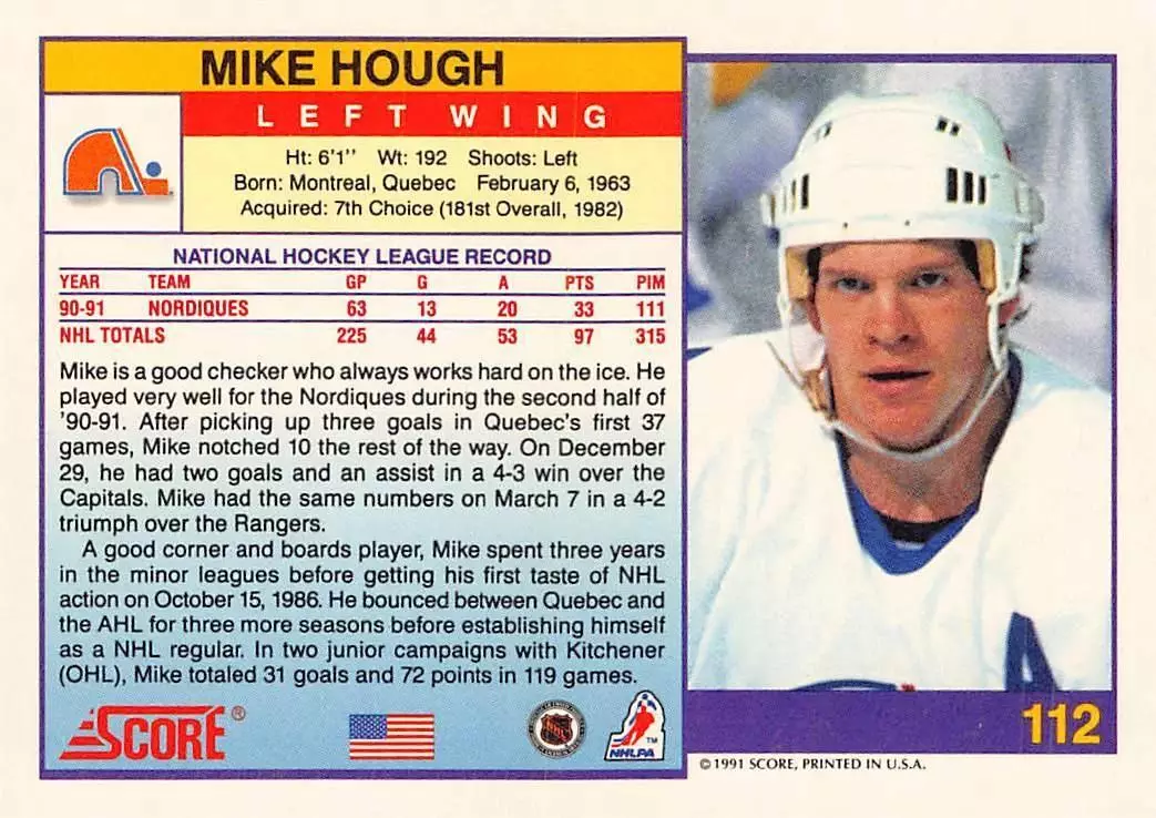 1991-92 Score American #112 Mike Hough 1