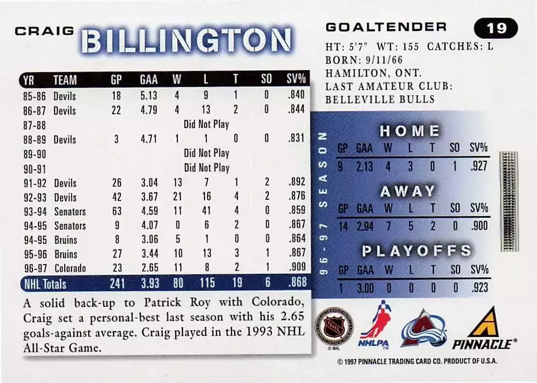 1997-98 Score #19 Craig Billington 1