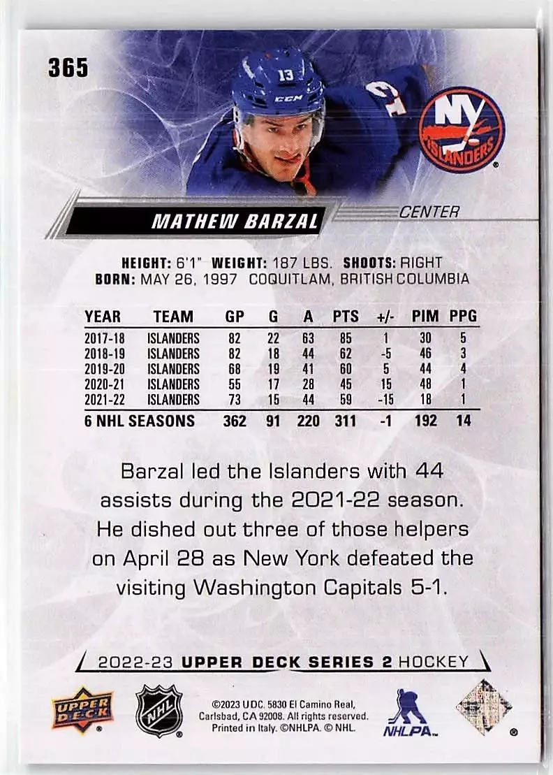 2022-23 Upper Deck #365 Mathew Barzal 1