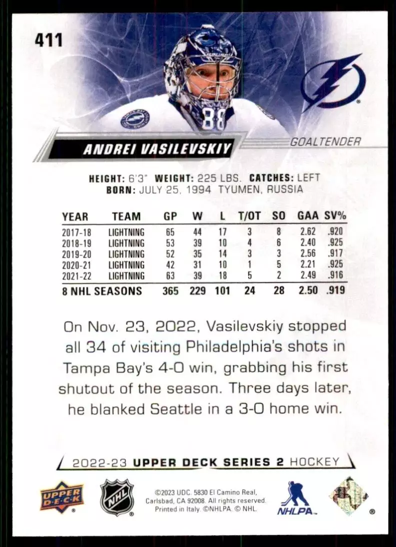 2022-23 Upper Deck #411 Andrei Vasilevskiy 1