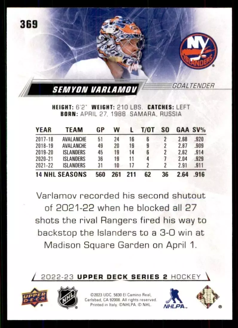 2022-23 Upper Deck #369 Semyon Varlamov 1