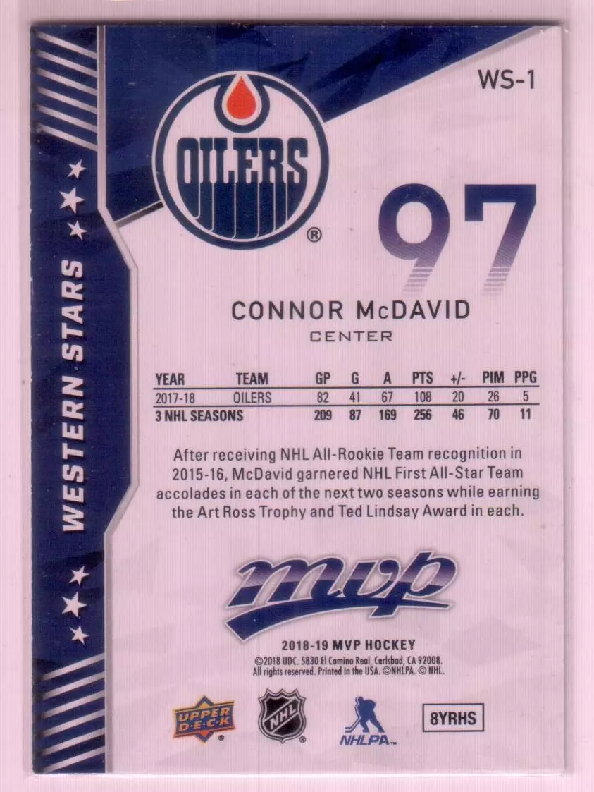 2018-19 Upper Deck MVP Factory Set Western Stars #WS1 Connor McDavid 1