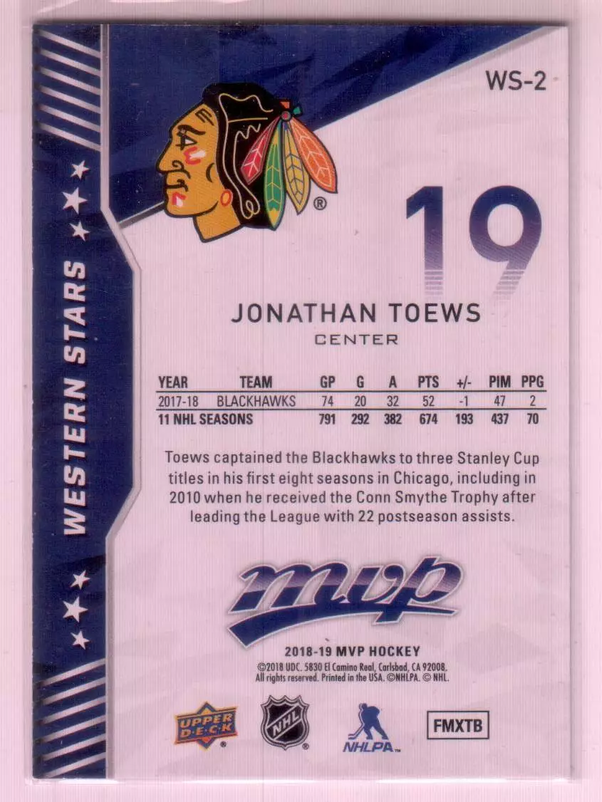 2018-19 Upper Deck MVP Factory Set Western Stars #WS2 Jonathan Toews 1