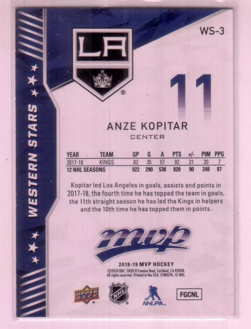 2018-19 Upper Deck MVP Factory Set Western Stars #WS3 Anze Kopitar 1