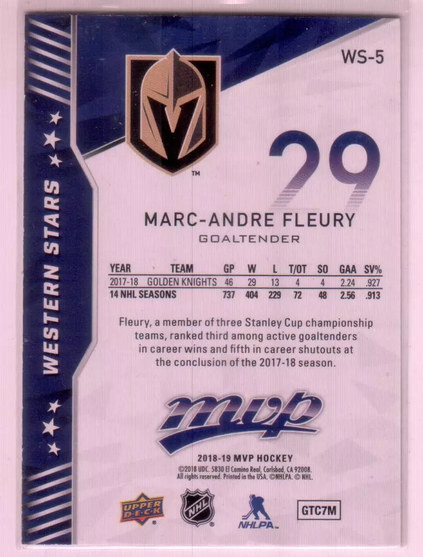 2018-19 Upper Deck MVP Factory Set Western Stars #WS5 Marc-Andre Fleury 1