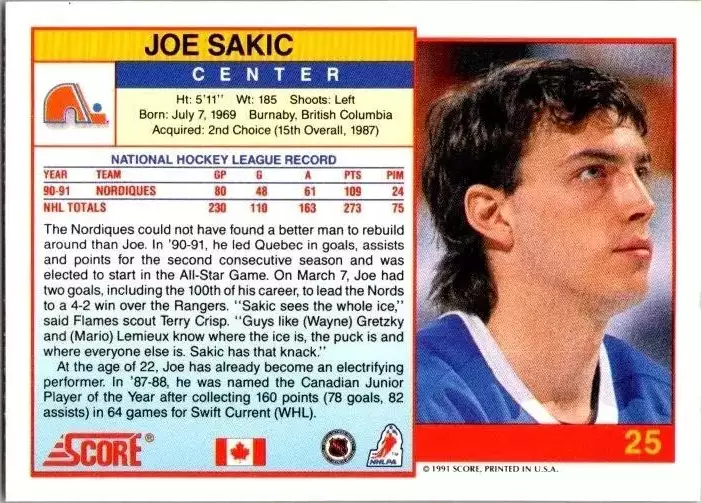 1991-92 Score Canadian English #25 Joe Sakic 1