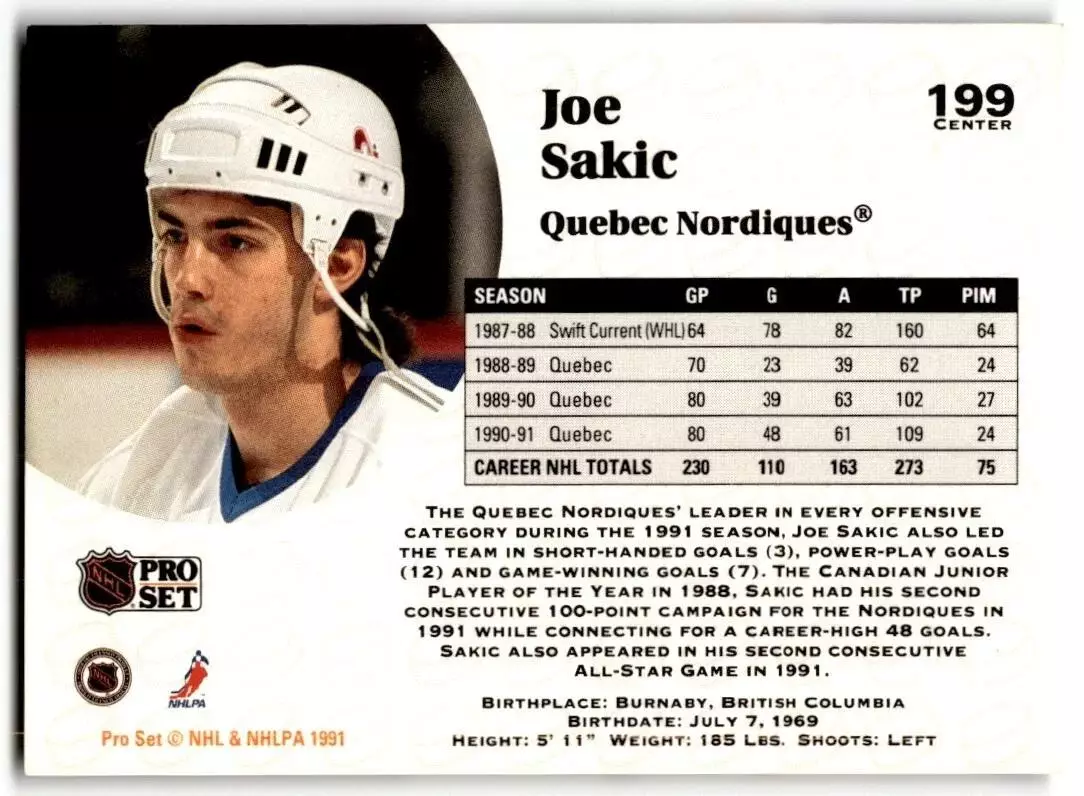 1991-92 Pro Set #199 Joe Sakic 1