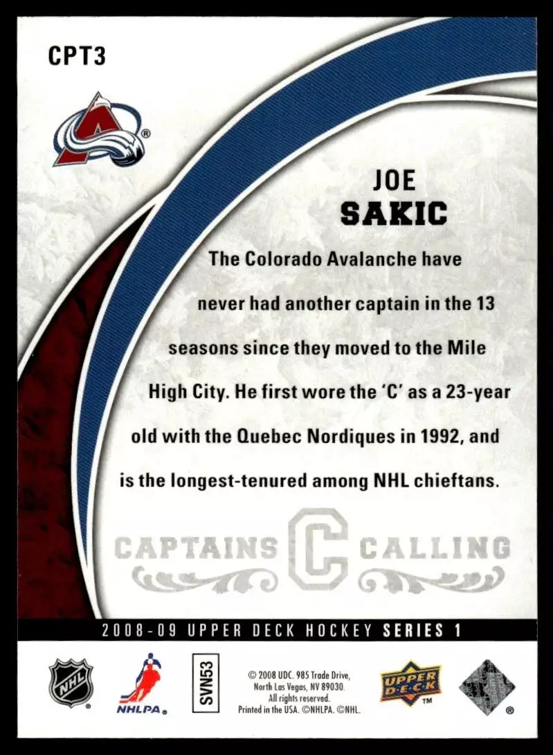2008-09 Upper Deck Captains Calling #CPT3 Joe Sakic 1