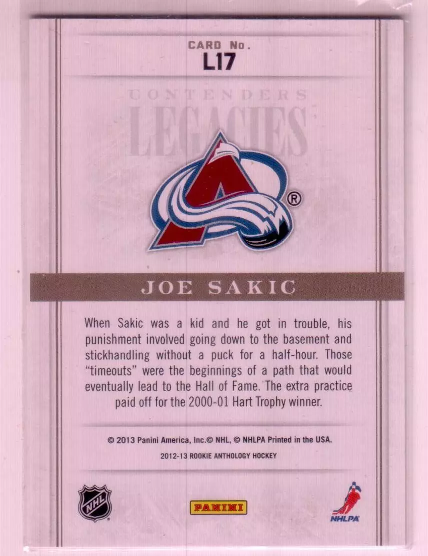 2012-13 Panini Contenders Legacies #17 Joe Sakic 209\999 1