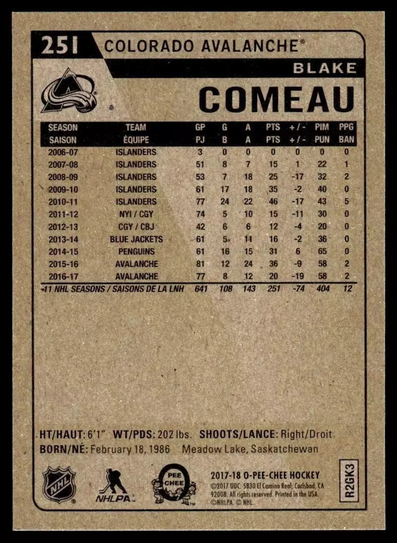 2017-18 O-Pee-Chee Retro #251 Blake Comeau 1