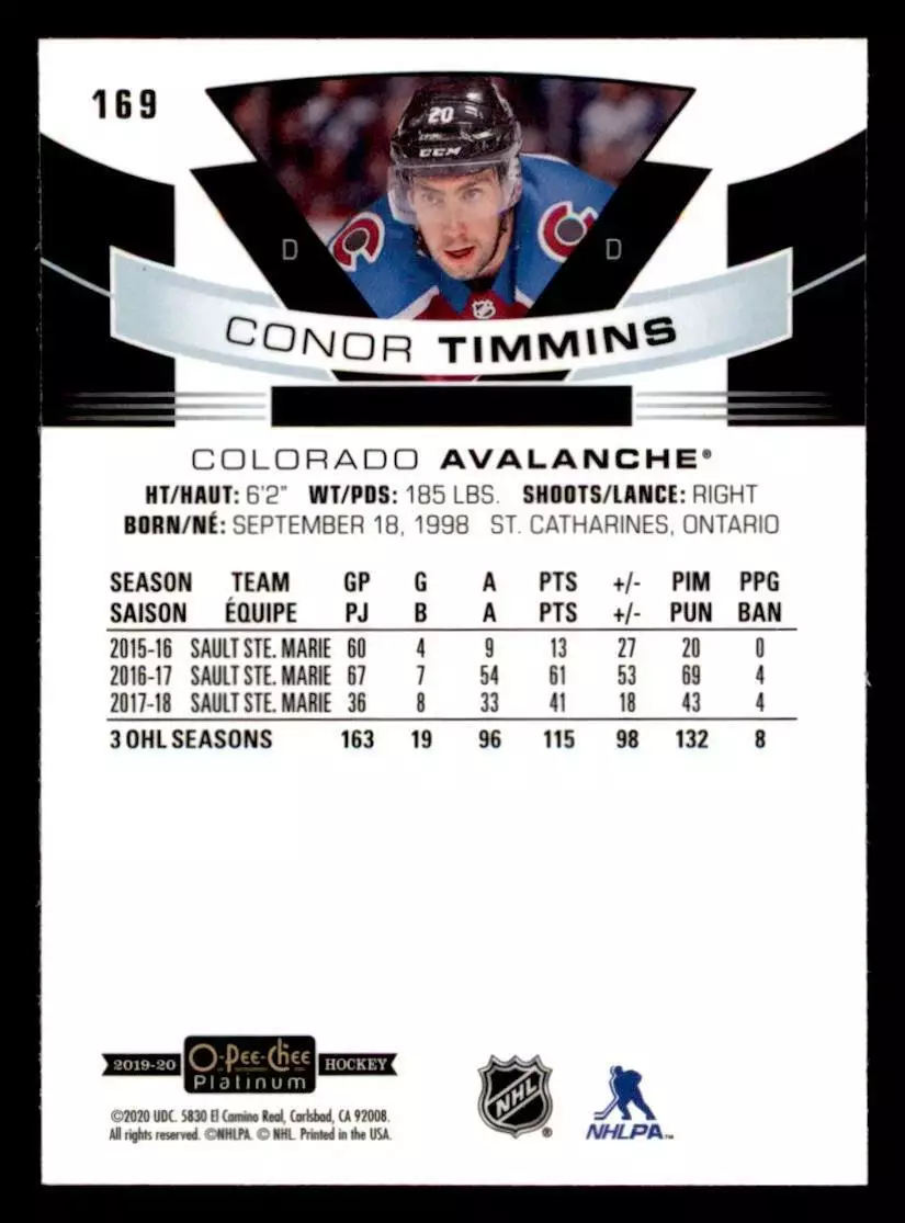 2019-20 O-Pee-Chee Platinum #169 Conor Timmins RC 1