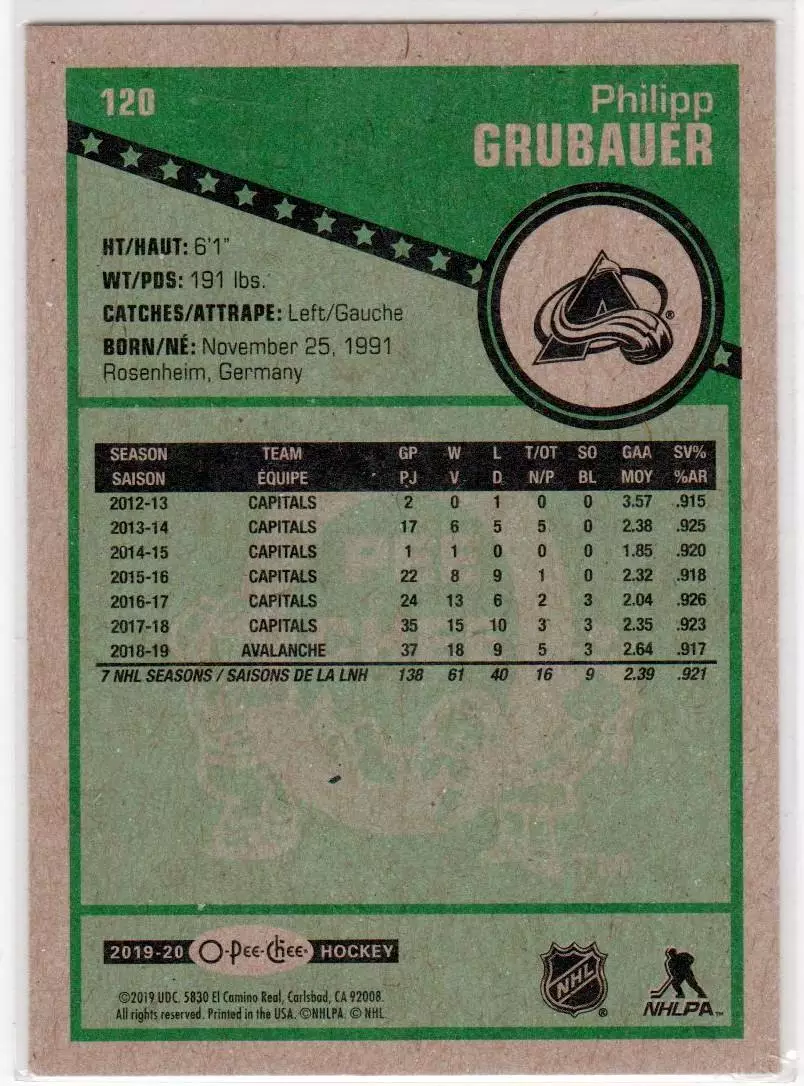 2019-20 O-Pee-Chee Retro #120 Philipp Grubauer 1