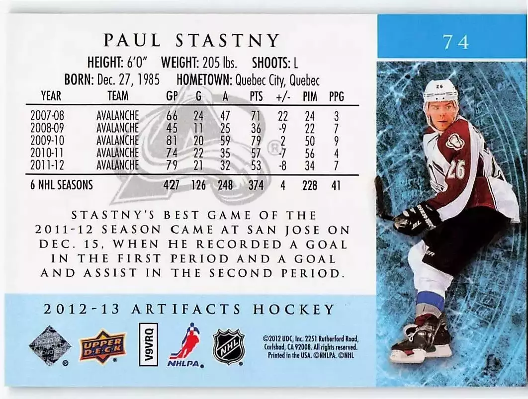 2012-13 Artifacts #74 Paul Stastny 1