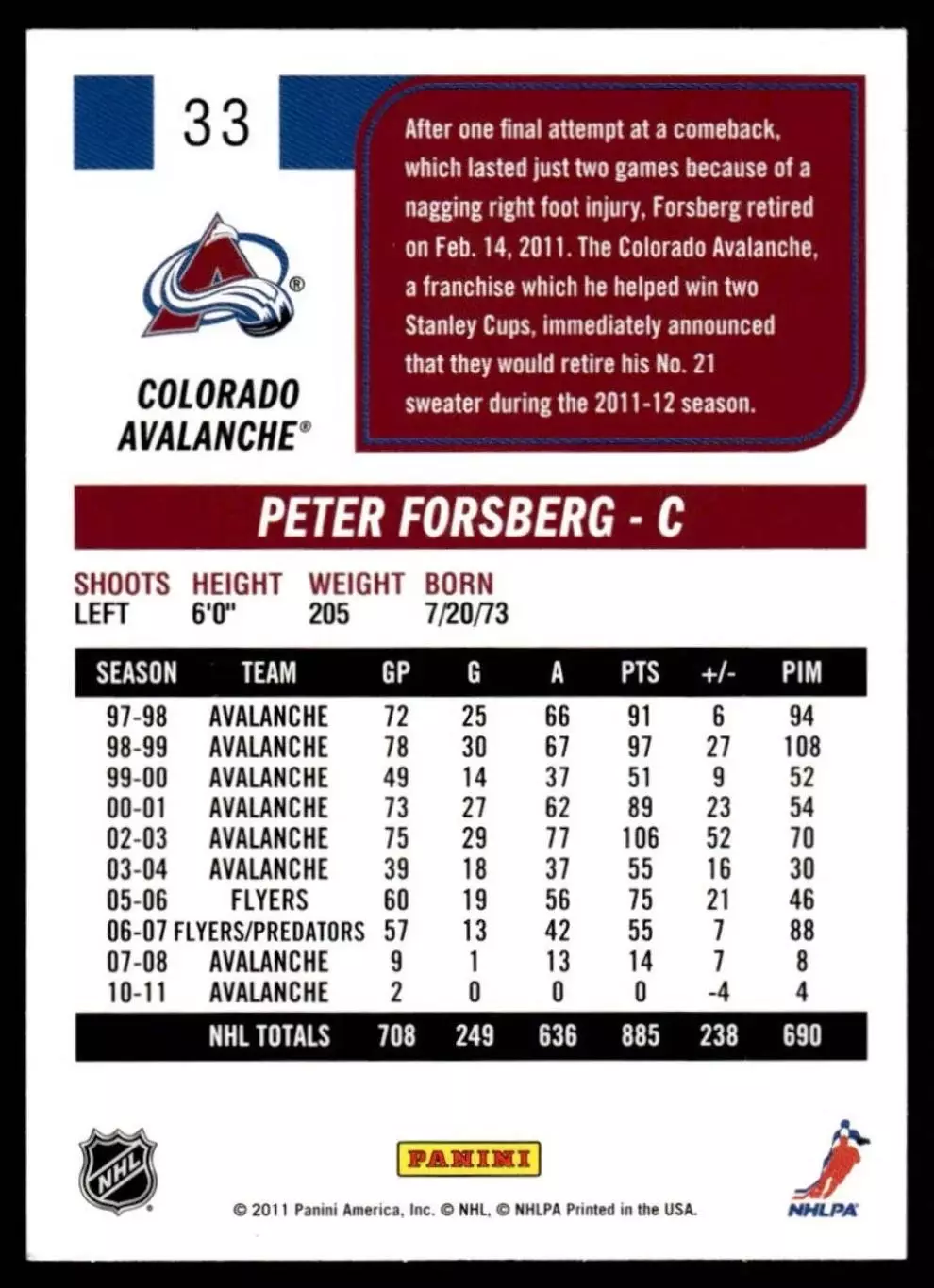 2011-12 Score #33 Peter Forsberg SH 1