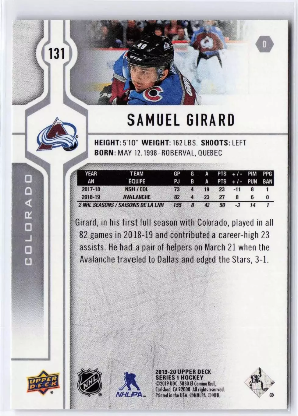 2019-20 Upper Deck #131 Samuel Girard 1
