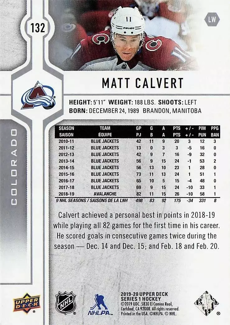 2019-20 Upper Deck #132 Matt Calvert 1