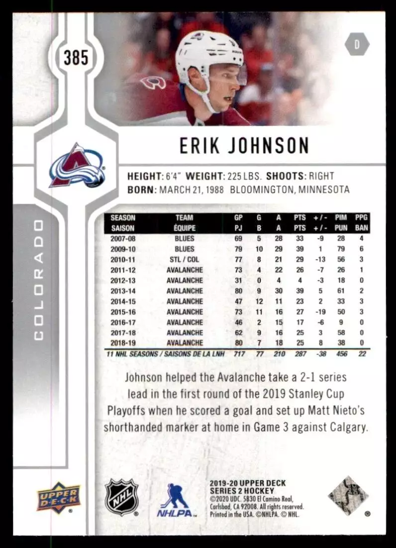 2019-20 Upper Deck #385 Erik Johnson 1