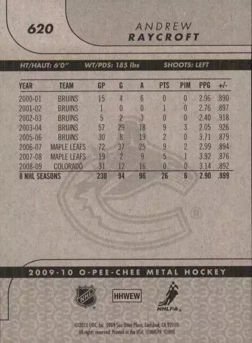 2009-10 O-Pee-Chee #82 Andrew Raycroft 1